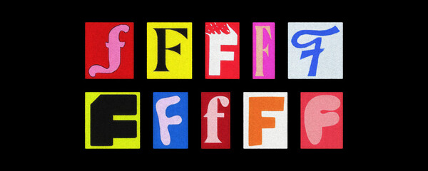 Magazine letter F cutouts collage set on a solid black background
