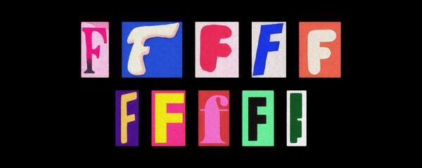 Colorful letter F tiles from magazines arranged on black background
