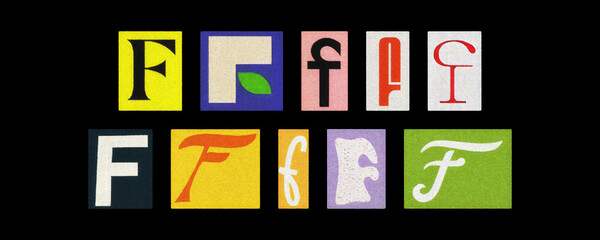 Vintage and modern letter F typography tiles, collage on black background
