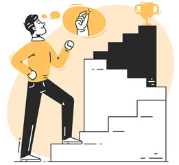 Animated Man Climbing Steps Towards A Trophy with Thought Bubble Isolated on Transparent Background