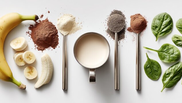 A top-down view displays various healthy ingredients arranged methodically on a white surface, including banana slices, cocoa powder, chia seeds, leafy greens, and a cup of creamy liquid.
