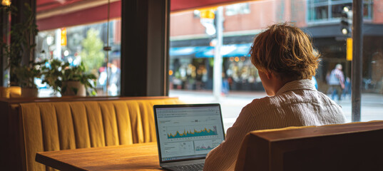 Young Person Analyzing Market Graphs on Laptop in Cozy Cafe Booth
