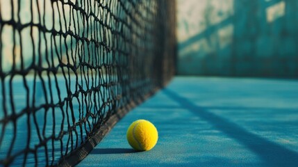 Tennis ball on court near net.