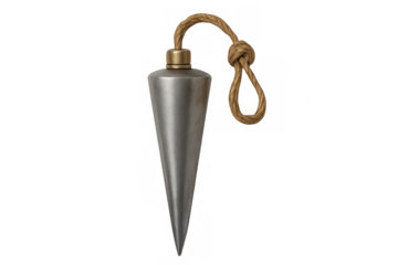 Plumb bob metal tool with rope on transparent background