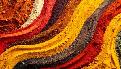 Colorful spices arranged in abstract flowing curves, creating vibrant texture.
