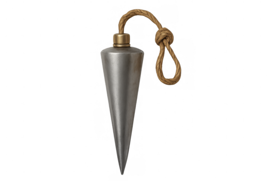 Plumb bob metal tool with rope on transparent background