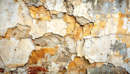 Rustic wall with weathered plaster, cracks, and peeling paint for a grunge look.