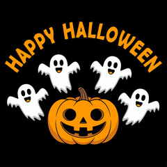 Happy Halloween Vector Design with Cute Ghosts and Jack-o'-Lantern on Black Background