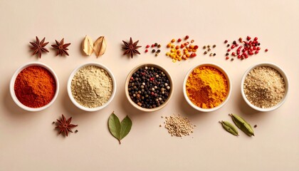 spices and herbs displayed in a neat composition, on a neutral background