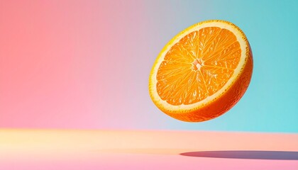 Fresh orange slice floating against a vibrant pastel gradient background.
