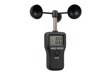 Handheld digital anemometer measuring wind speed on transparent background