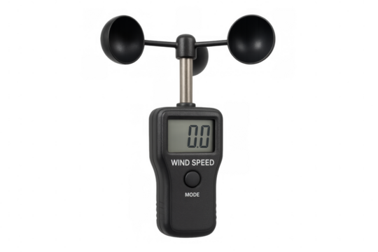 Handheld digital anemometer measuring wind speed on transparent background