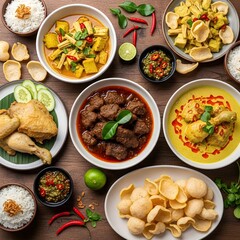 Top view photo of typical Indonesian Padang food, rendang, gulai, chicken pop, green chili sauce, jackfruit vegetables, crackers