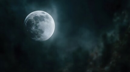 A bright full moon shines through dark textured clouds in the night sky casting a soft glow