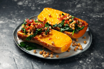 Roasted stuffed butternut squash with chickpeas and bacon. Healthy seasonal fall or autumn food.