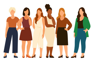 A group of women are standing in a line, all wearing different colored dresses. Scene is one of unity and solidarity. Vector.