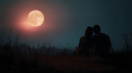 A silhouetted couple sits together gazing at a large glowing orange moon in the night sky
