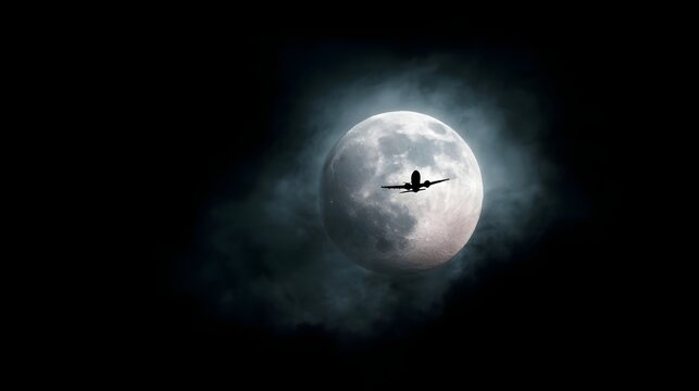 A dramatic silhouette of an airplane makes its journey across the face of a bright glowing full moon against the vast dark expanse of the night sky