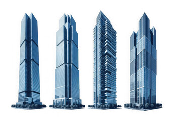 Obraz premium Four futuristic sleek skyscrapers standing tall showcasing modern architectural design and urban development isolated on transparent background