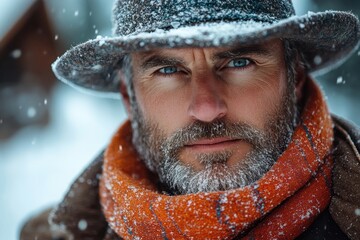 Man in hat and scarf in the snow.