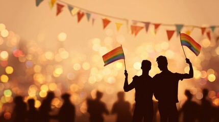 Joyful Couple Waving Rainbow Pennants at Pride Parade Celebration