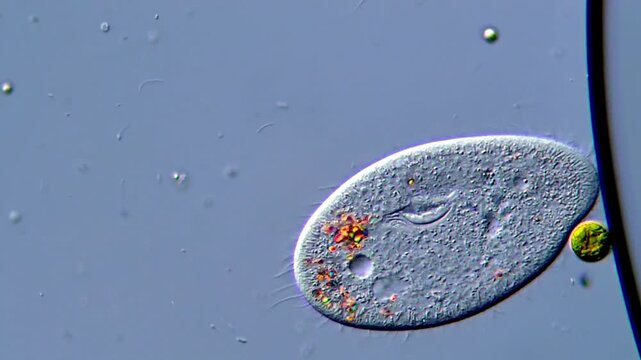 Paramecium protozoa under microscope, education video 
