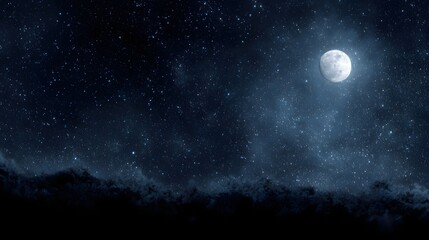 A luminous full moon shines brightly in a vast star filled night sky above a dark horizon