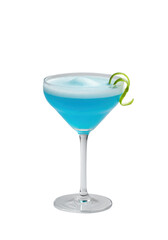 Translucent blue cocktail in sleek glass with ocean wave swirl, sea spray foam, coiled lime zest, isolated on transparent studio background. Concept for beverage advertising