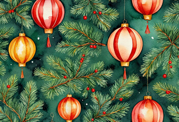 Festive baubles on pine branches at Christmas