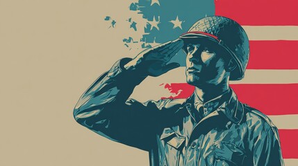 Mid-Century Style Poster of Soldier Saluting with American Flag Background
