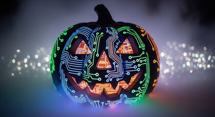 Cybernetic carved pumpkin glowing with circuit board patterns for digital Halloween celebration