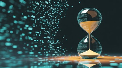 Time's Passage: An hourglass, a timeless symbol of fleeting moments and the relentless march of time, stands amidst a captivating sea of digital data.