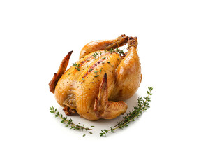 Baked whole farm chicken with thyme isolated on white background.