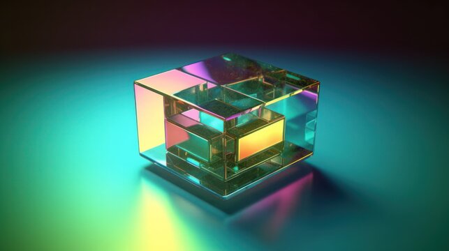 3d, abstract, cube, reflective surfaces, colorful lighting, iridescent, neon, prismatic, futuristic, minimalist, digital art