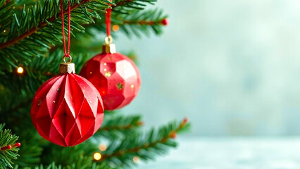 Red Christmas decorations on the branches of a Christmas tree
