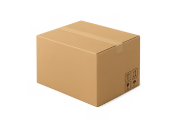 Cardboard shipping box with tape on transparent background