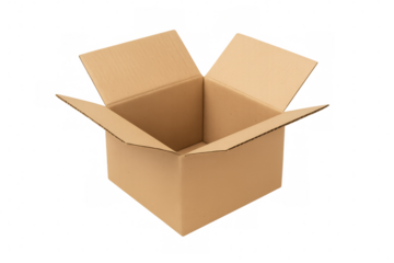 Cardboard box standing open empty with transparent background