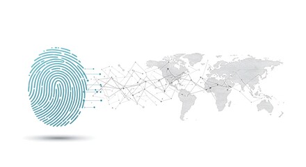Digital fingerprint concept with a world map, representing global network and data security