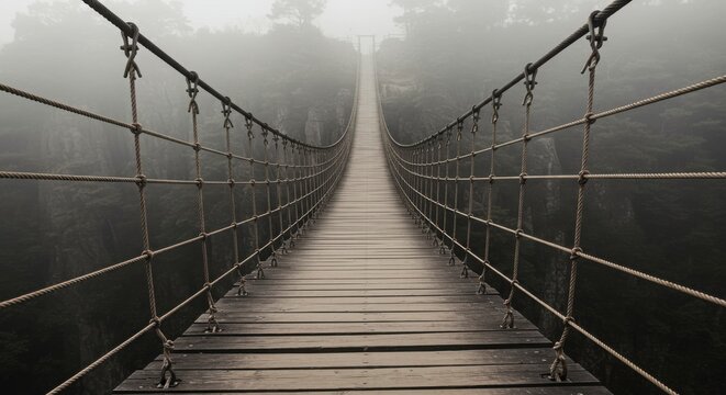 Fototapeta Wooden suspension bridge with rope handrails, viewed from below at the starting point with strong depth perspective