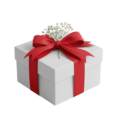 Obraz premium Pristine square gift box, textured white paper, red satin artful bow & baby's breath, isolated on shadowless transparent, 45-degree, commercial product photography concept