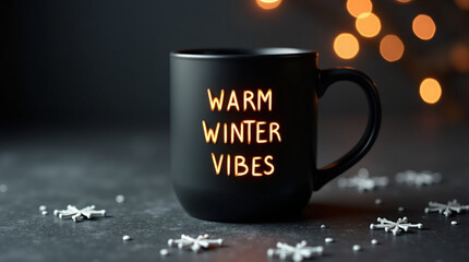 A black mug with the words warm winter vibes written on it sits on a dark surface surrounded by snowflakes and bokeh lights, creating a cozy and inviting winter scene