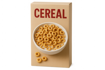 Cereal box with oat ring cereal bowl and milk