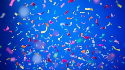 Colorful confetti falling dynamically against a solid blue background, conveying a sense of joyful celebration.