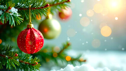 Red Christmas decorations on a snowy background.