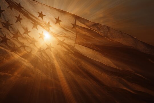 Sunburst Effect Behind Semi-Transparent American Flag in Golden Hour