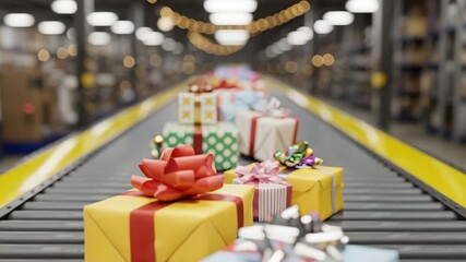 Festive wrapped gifts moving along conveyor belt in distribution warehouse for Christmas deliveries and holiday shopping season fulfillment - Powered by Adobe