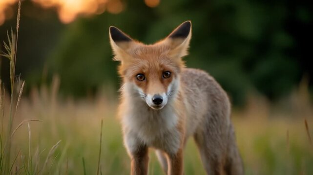 Wild fox in natural habitat foraging for food in grassy meadow