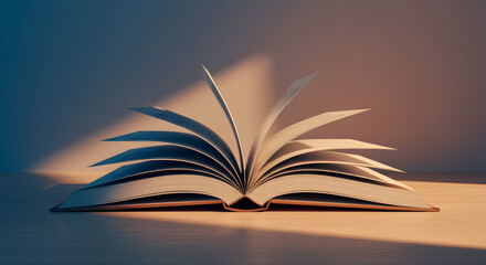 An open book with pages slightly lifted under soft light. A symbol of knowledge, inspiration, and the calmness of reading.