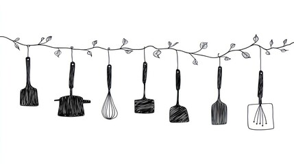Kitchen utensils hanging on branch