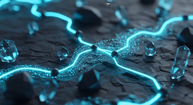 Glowing Network Amidst Crystals and Rocks A Modern Abstract Landscape